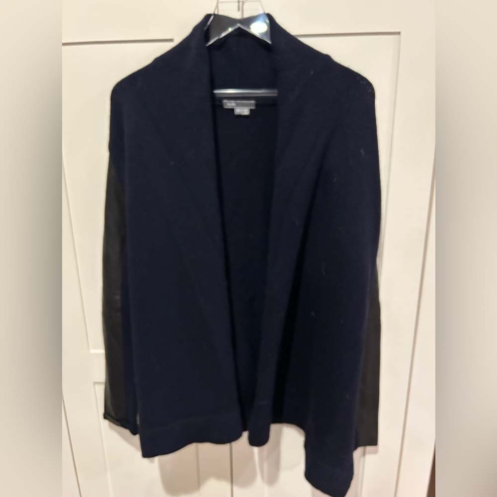 Vince Navy Wool Cardigan with black lamb leather sleeves